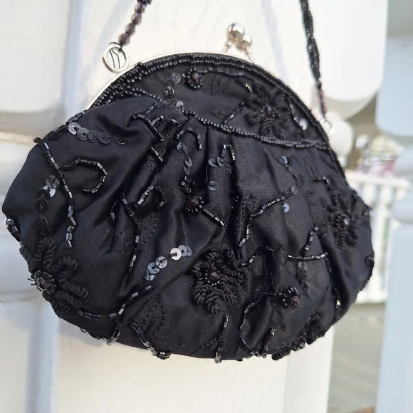 Beaded Mini Bag Black Sequin Kisslock Le Regale Classic Vintage Satin Purse - Picture 8 of 15